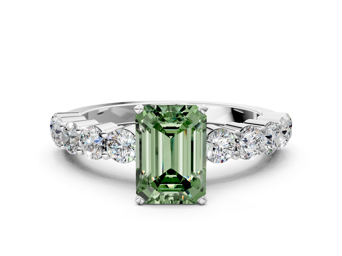 White gold Fancy Green Emerald  Diamond Pavé Band Solitaire with Four-Prong Setting_3