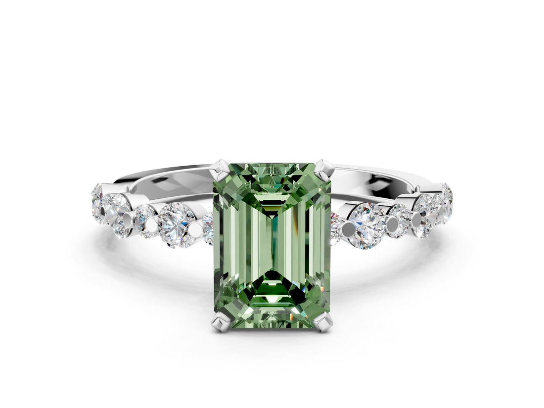 White gold Fancy Green Emerald  Diamond Prong Set Engagement Ring with Pave Band_204