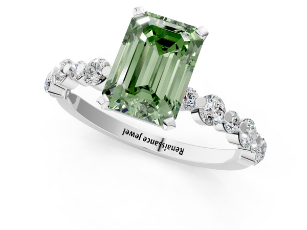 Platinum Fancy Green Emerald Cut Diamond Prong Set Engagement Ring with Pavé Band