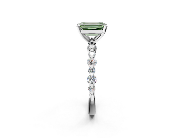 Platinum Fancy Green Emerald Cut Diamond Prong Set Engagement Ring with Pavé Band