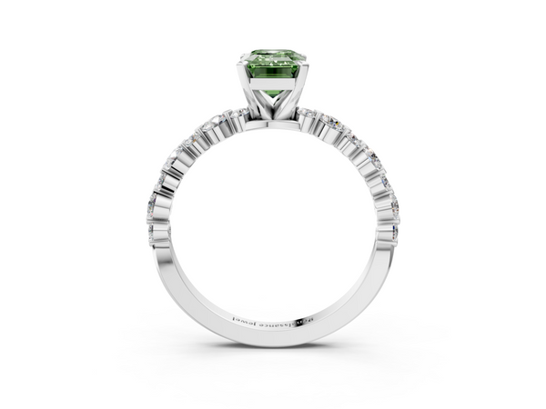Platinum Fancy Green Emerald Cut Diamond Prong Set Engagement Ring with Pavé Band