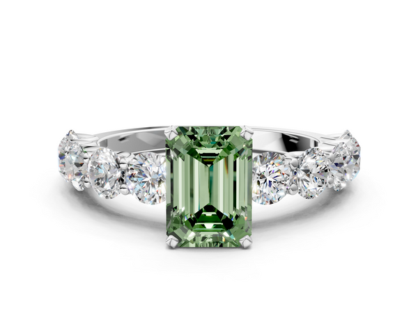 White gold Fancy Green Emerald Cut Diamond Prong Setting with Side Stones on a Pave Band