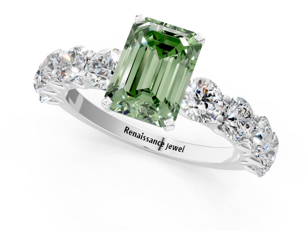 White gold Fancy Green Emerald Cut Diamond Prong Setting with Side Stones on a Pave Band