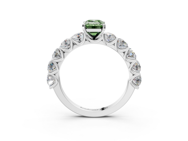 White gold Fancy Green Emerald Cut Diamond Prong Setting with Side Stones on a Pave Band