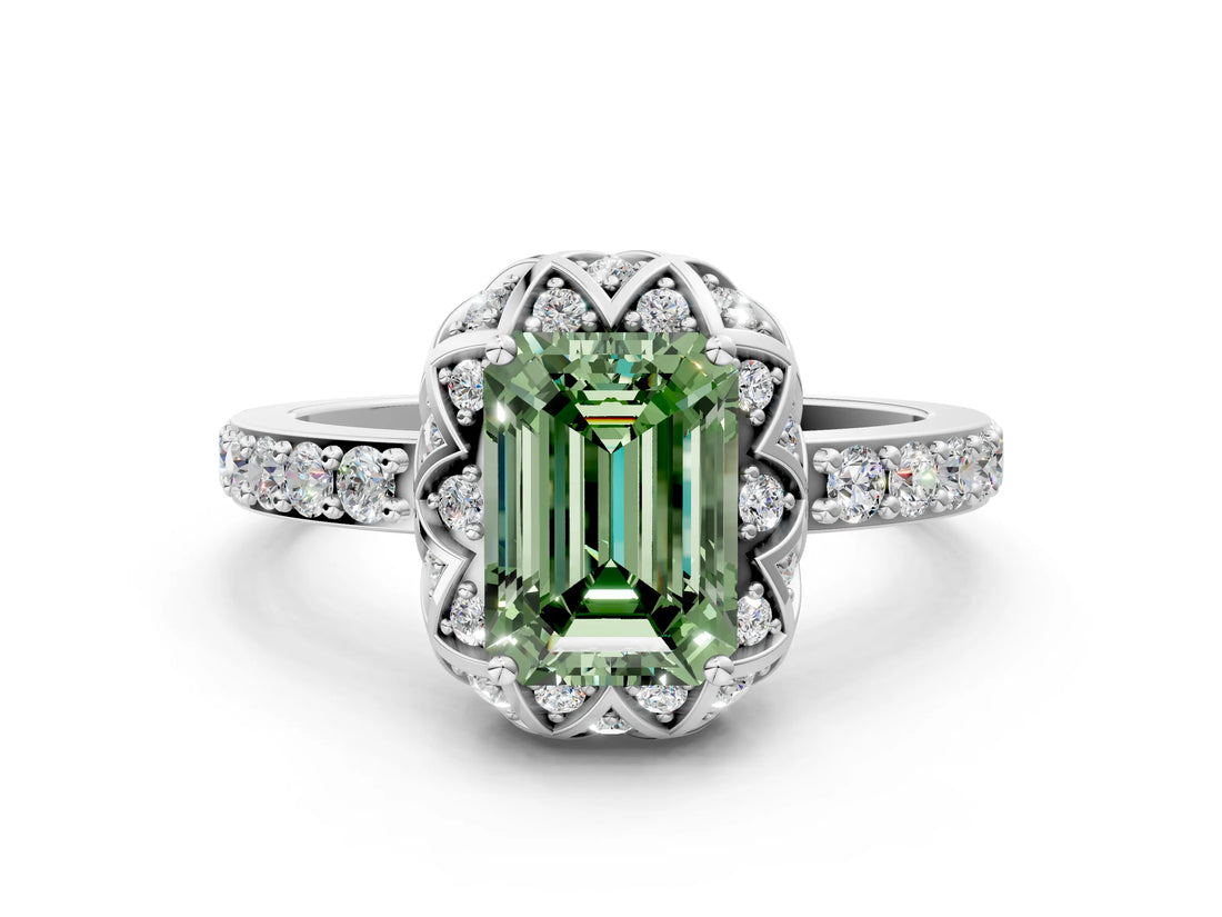 White gold Fancy Green Emerald  Diamond Solitaire Ring with Shared Prong Pavé Band_13