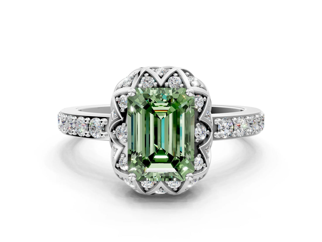 White gold Fancy Green Emerald  Diamond Solitaire Ring with Shared Prong Pavé Band_66