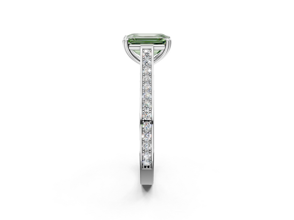 Platinum Fancy Green Emerald  Diamond Solitaire with Pave Band and Six-Prong Setting