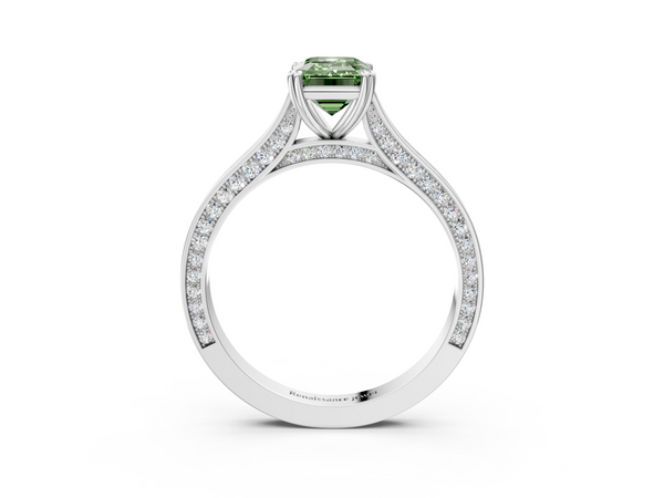 Platinum Fancy Green Emerald  Diamond Solitaire with Pave Band and Six-Prong Setting