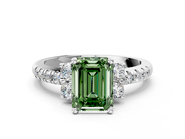 Platinum Fancy Green Emerald  Diamond Three-Stone Pave Band with Four-Prong Setting