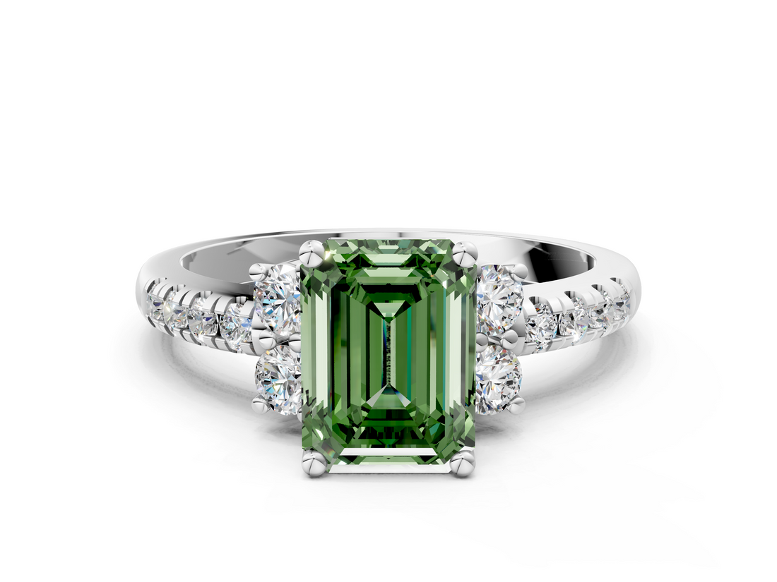 White gold Fancy Green Emerald  Diamond Three-Stone Pave Band with Four-Prong Setting_20