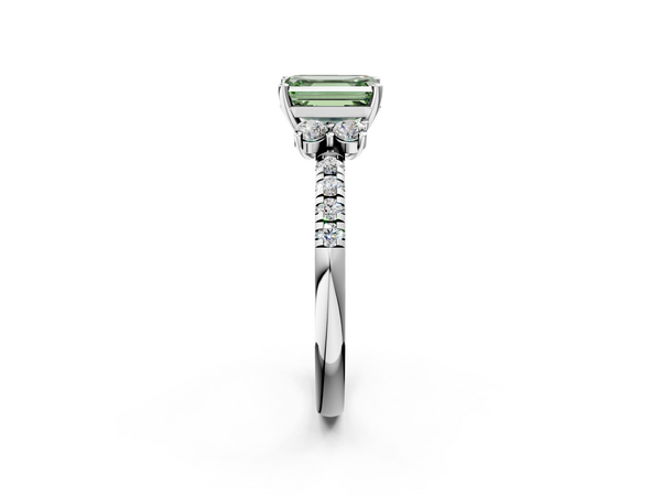 Platinum Fancy Green Emerald  Diamond Three-Stone Pave Band with Four-Prong Setting