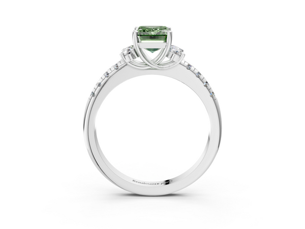 Platinum Fancy Green Emerald  Diamond Three-Stone Pave Band with Four-Prong Setting