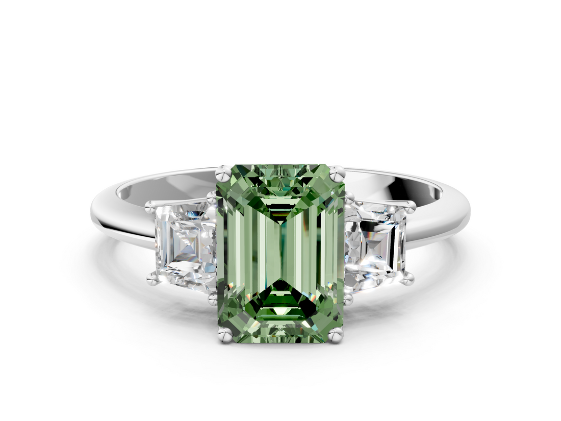 White gold Fancy Green Emerald  Diamond Three-Stone Ring with Trapezoid Side Stones and Prong Setting_16