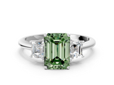 White gold Fancy Green Emerald  Diamond Three-Stone Ring with Trapezoid Side Stones and Prong Setting_17