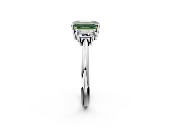 White gold Fancy Green Emerald  Diamond Three-Stone Ring with Trapezoid Side Stones and Prong Setting