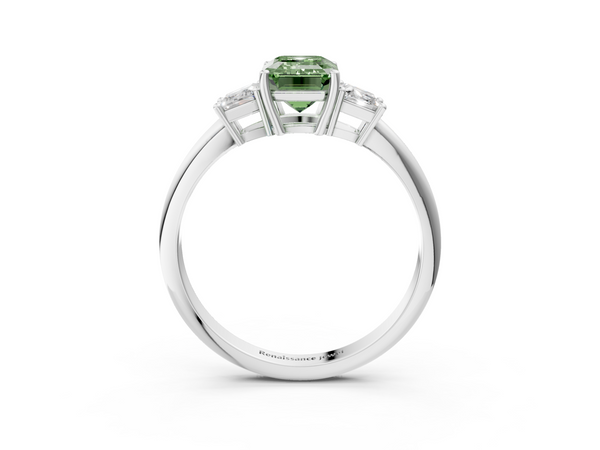 White gold Fancy Green Emerald  Diamond Three-Stone Ring with Trapezoid Side Stones and Prong Setting