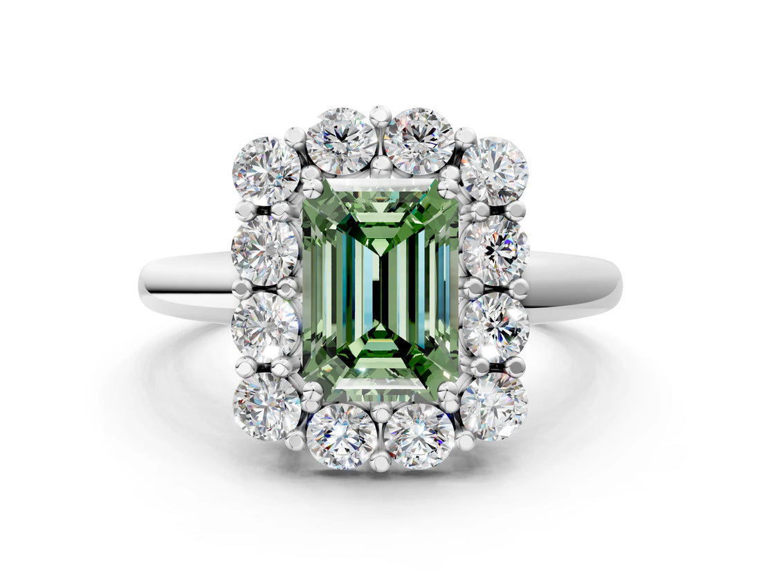 White gold Fancy Green Emerald  Halo Cluster Diamond Engagement Ring with Prong Setting and Polished Band_21