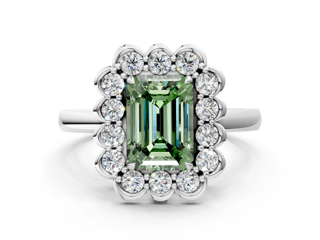 White gold Fancy Green Emerald  Halo Cluster Diamond Engagement Ring with Solitaire Band and Prong Setting_49