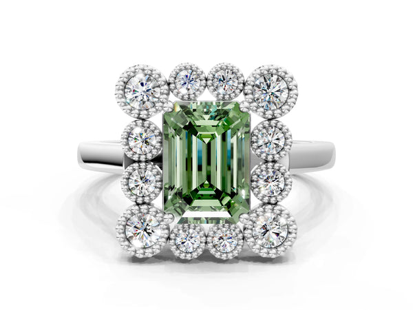 White gold Fancy Green Emerald  Halo Diamond Cluster Engagement Ring with Milgrain Bezel Setting and Solitaire Band