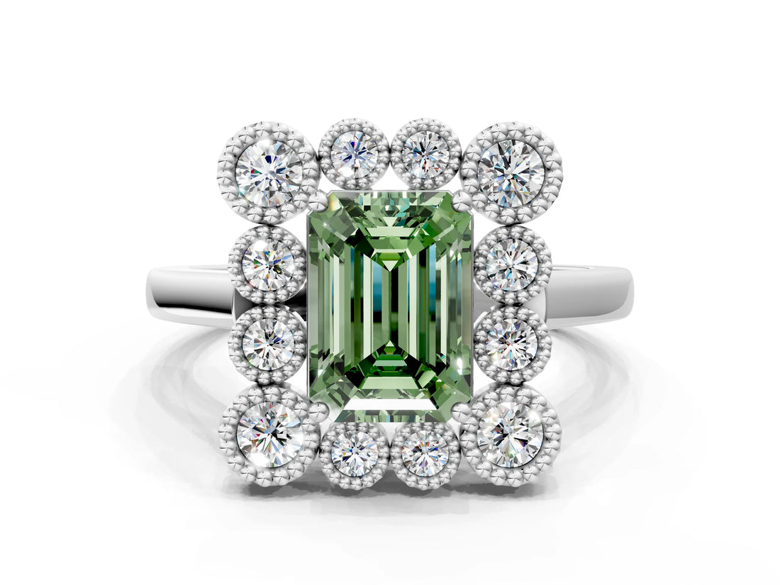 White gold Fancy Green Emerald  Halo Diamond Cluster Engagement Ring with Milgrain Bezel Setting and Solitaire Band_39