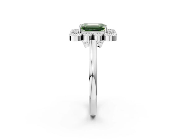 White gold Fancy Green Emerald  Halo Diamond Cluster Engagement Ring with Milgrain Bezel Setting and Solitaire Band