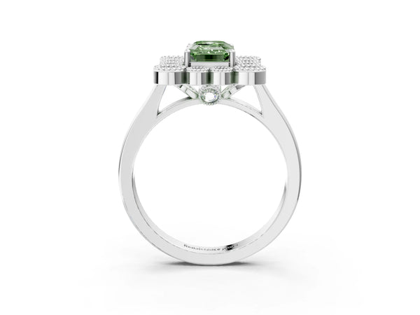 White gold Fancy Green Emerald  Halo Diamond Cluster Engagement Ring with Milgrain Bezel Setting and Solitaire Band