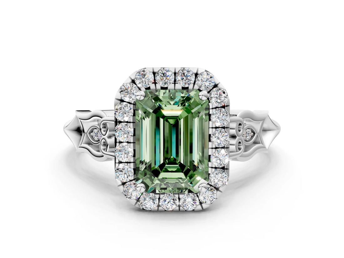 White gold Fancy Green Emerald  Halo Diamond Engagement Ring with Filigree Band and Four-Prong Setting_123