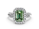 White gold Fancy Green Emerald  Halo Diamond Engagement Ring with Filigree Band and Four-Prong Setting_128