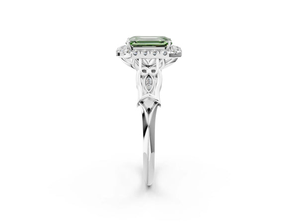 Platinum Fancy Green Emerald  Halo Diamond Engagement Ring with Filigree Band and Four-Prong Setting