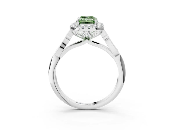 Platinum Fancy Green Emerald  Halo Diamond Engagement Ring with Filigree Band and Four-Prong Setting