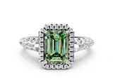 White gold Fancy Green Emerald  Halo Diamond Engagement Ring with Intricate Filigree Band and Four-Prong Setting_37