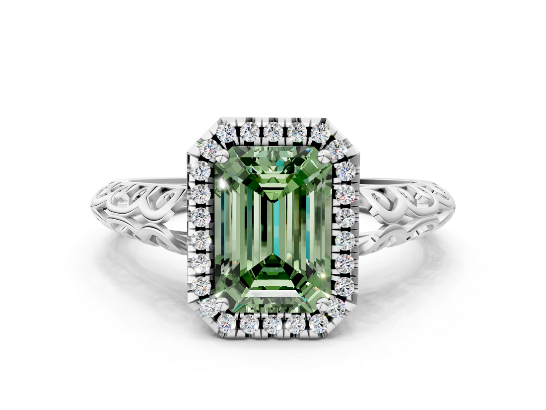 White gold Fancy Green Emerald  Halo Diamond Engagement Ring with Intricate Filigree Band and Four-Prong Setting_37