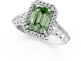 White gold Fancy Green Emerald  Halo Diamond Engagement Ring with Intricate Filigree Band and Four-Prong Setting_38