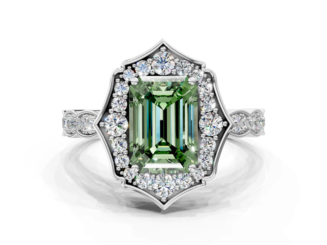 White gold Fancy Green Emerald  Halo Diamond Engagement Ring with Milgrain Band and Four-Prong Setting_49