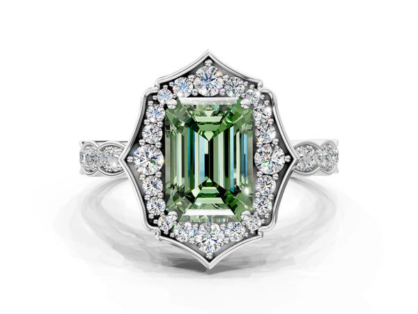 Platinum Fancy Green Emerald  Halo Diamond Engagement Ring with Milgrain Band and Four-Prong Setting