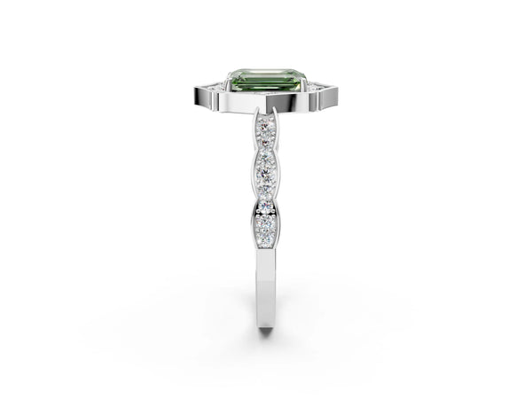 Platinum Fancy Green Emerald  Halo Diamond Engagement Ring with Milgrain Band and Four-Prong Setting