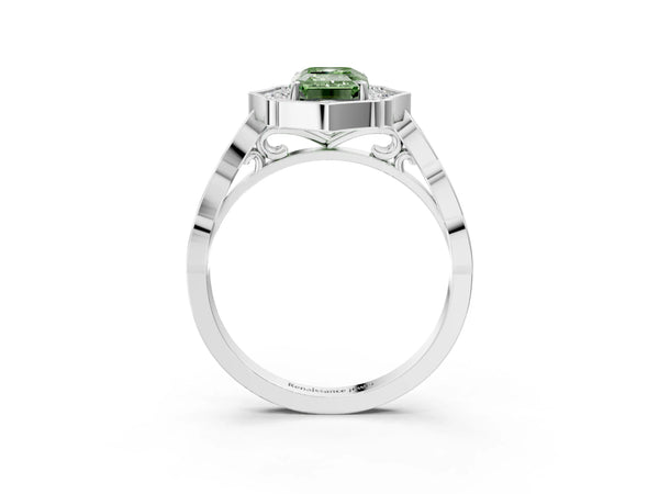 Platinum Fancy Green Emerald  Halo Diamond Engagement Ring with Milgrain Band and Four-Prong Setting