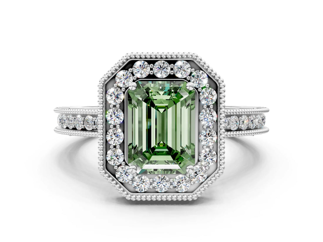 White gold Fancy Green Emerald  Halo Diamond Engagement Ring with Milgrain Pave Band and Four-Prong Setting_68