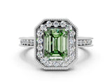 White gold Fancy Green Emerald  Halo Diamond Engagement Ring with Milgrain Pave Band and Four-Prong Setting_68