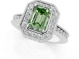 White gold Fancy Green Emerald  Halo Diamond Engagement Ring with Milgrain Pave Band and Four-Prong Setting_69