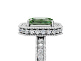 White gold Fancy Green Emerald  Halo Diamond Engagement Ring with Milgrain Pave Band and Four-Prong Setting_73