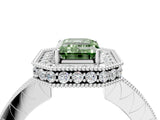 White gold Fancy Green Emerald  Halo Diamond Engagement Ring with Milgrain Pave Band and Four-Prong Setting_76