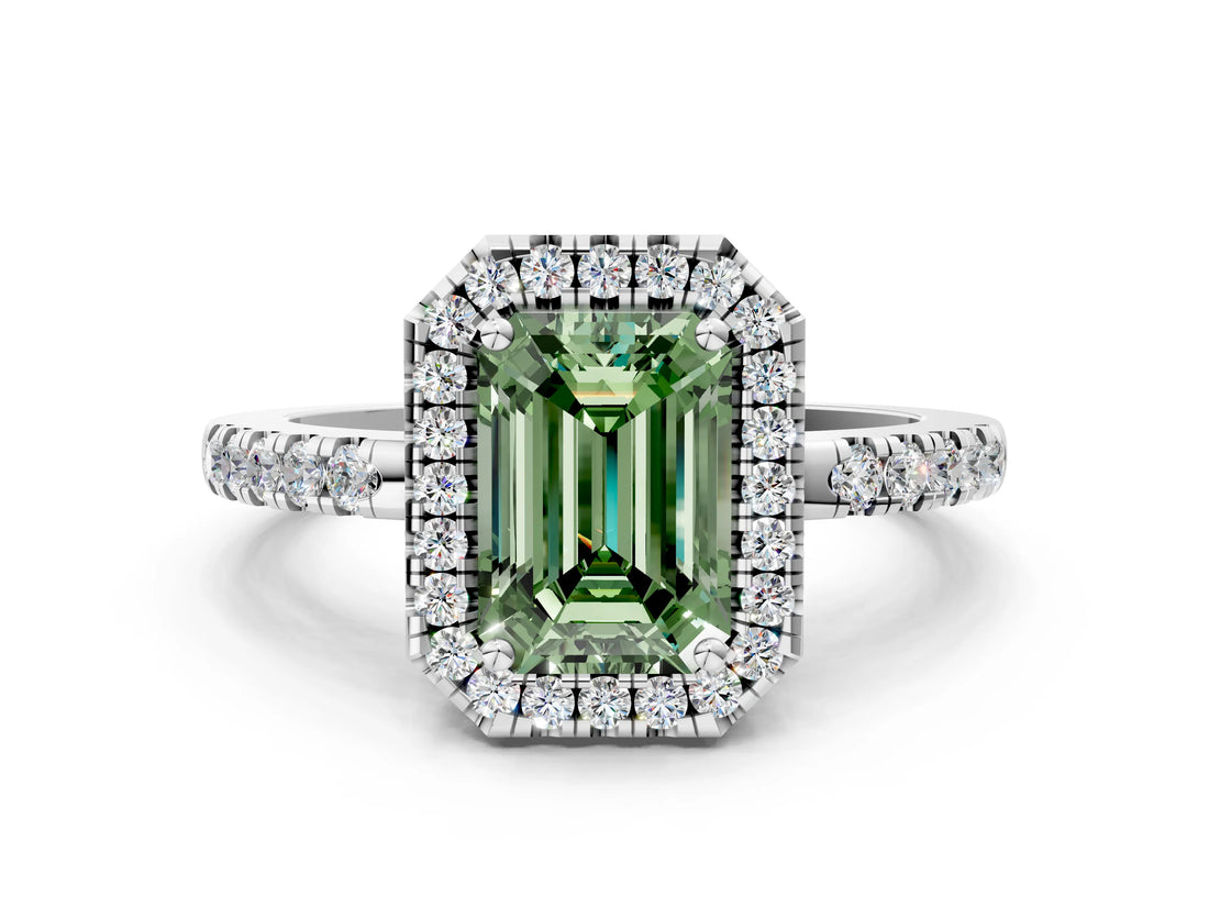 White gold Fancy Green Emerald  Halo Diamond Engagement Ring with Pavé Band and Four-Prong Setting_45