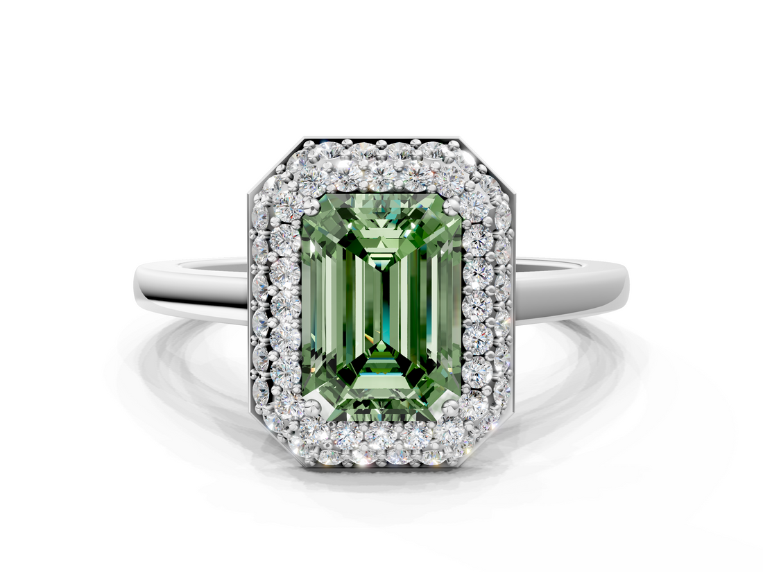 White gold Fancy Green Emerald  Halo Diamond Engagement Ring with Solitaire Band and Four-Prong Setting_20
