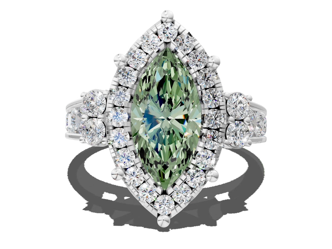 White gold Fancy Green Emerald  Halo Diamond Engagement Ring with Split Shank and Four-Prong Setting_54