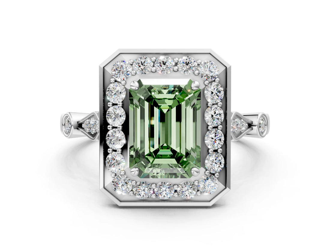 White gold Fancy Green Emerald  Halo Diamond Engagement Ring with Twisted Band and Four-Prong Setting 1