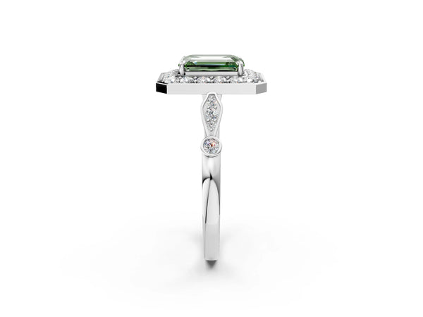 White gold Fancy Green Emerald  Halo Diamond Engagement Ring with Twisted Band and Four-Prong Setting