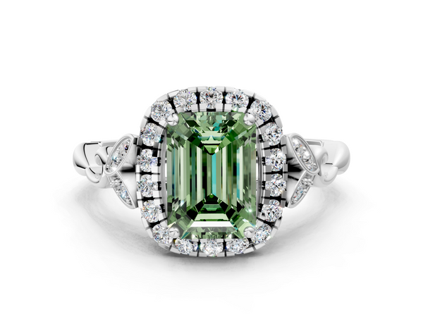 Platinum Fancy Green Emerald  Halo Diamond Engagement Ring with Vintage-Inspired Band and Four-Prong Setting