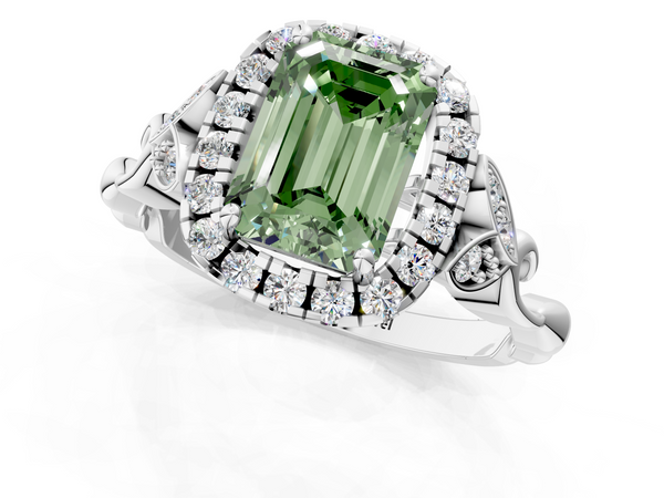 Platinum Fancy Green Emerald  Halo Diamond Engagement Ring with Vintage-Inspired Band and Four-Prong Setting