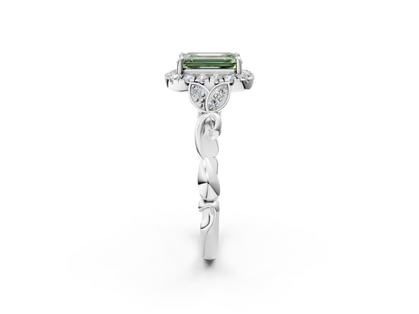 Platinum Fancy Green Emerald  Halo Diamond Engagement Ring with Vintage-Inspired Band and Four-Prong Setting